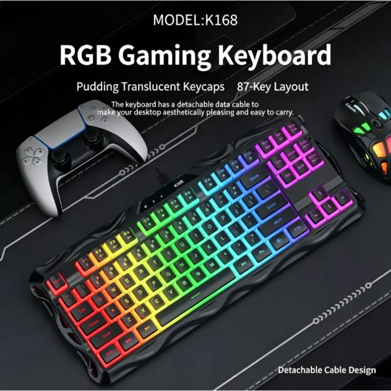Esports Gaming Competition - K168 87-toetsen bekabeld gamingtoetsenbord met RGB-achtergrondverlichting,